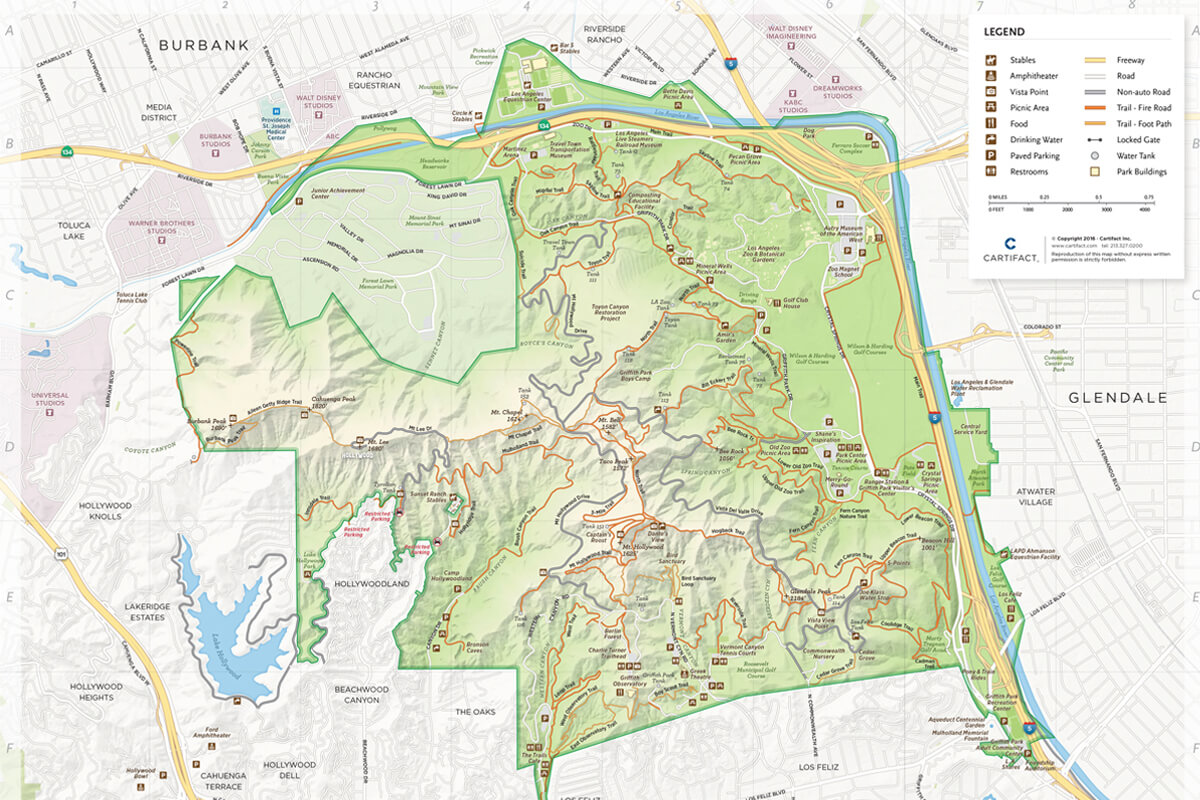 Griffith Park Map mit allen Hiking Trails in den Hollywood Hills