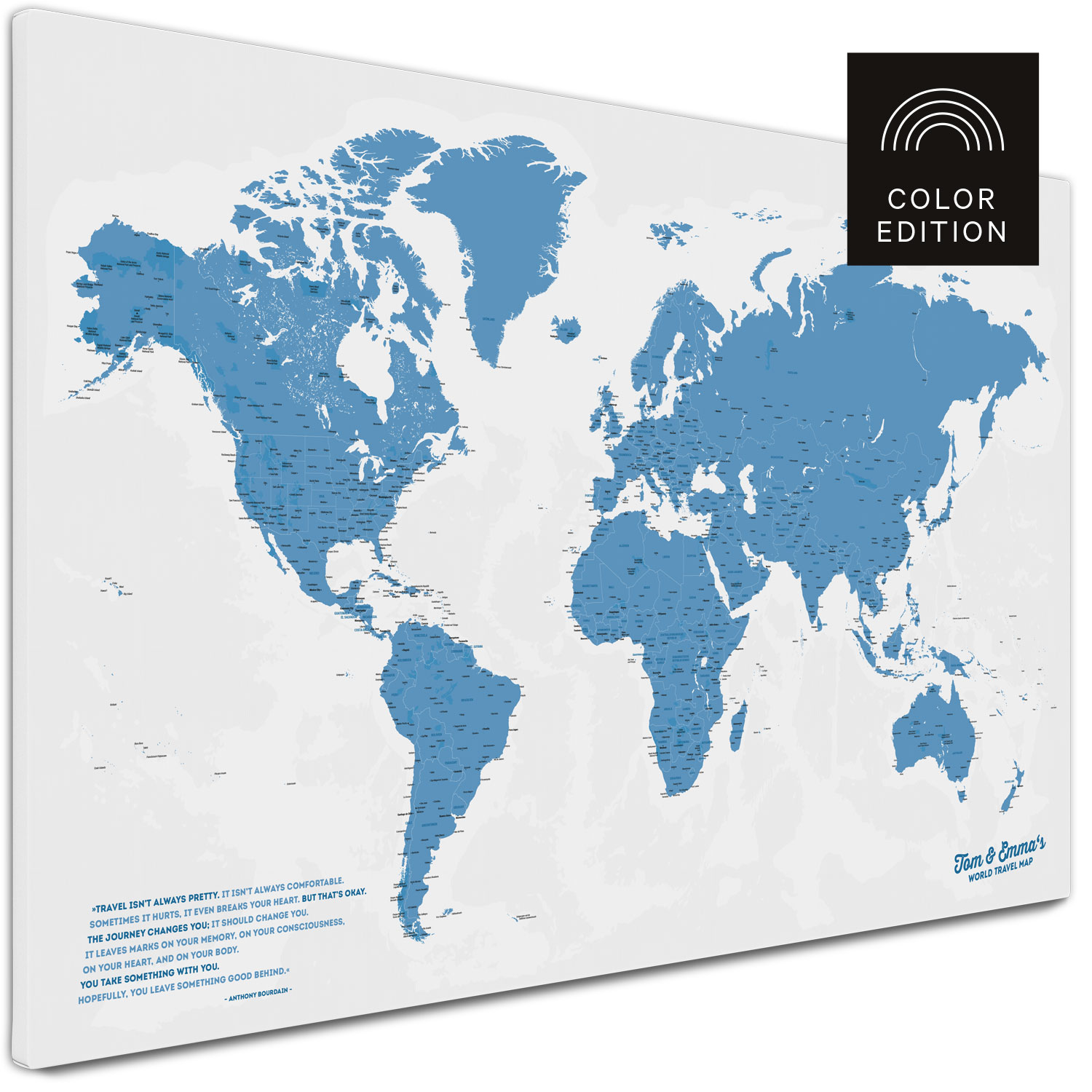 Weltkarte Pinnwand Leinwand in Blau kaufen
